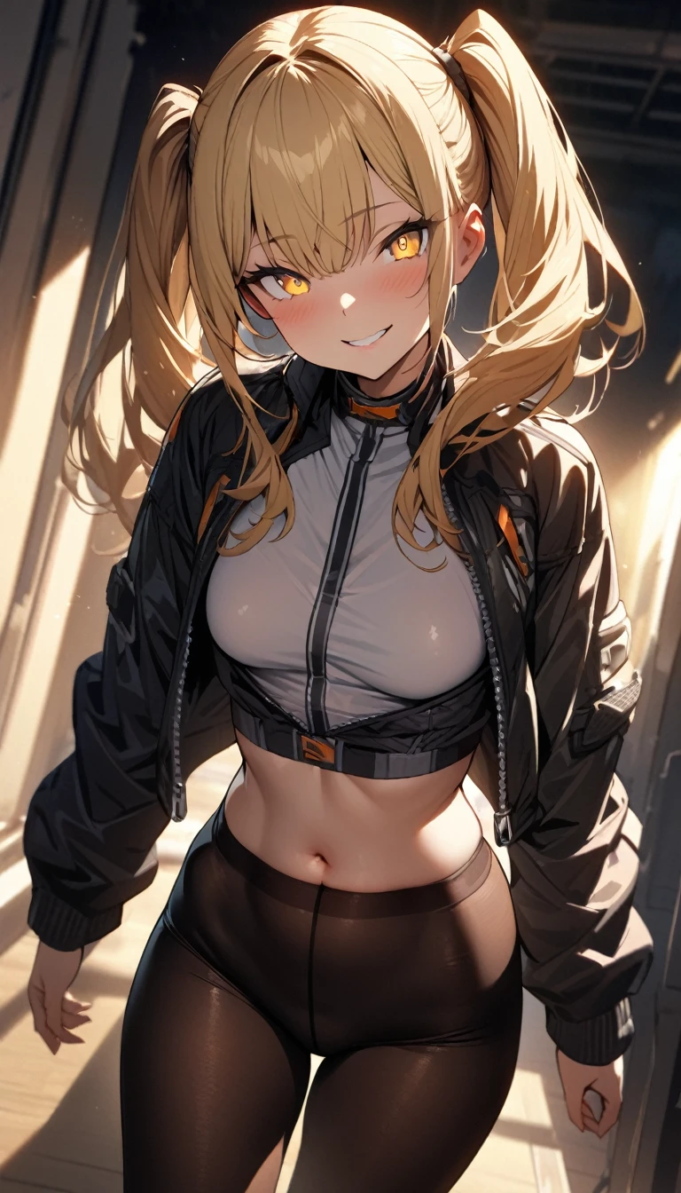 a handsome girl, solo,
blonde long hair, twintails, bangs, yellow eyes, bright eyes,
midriff jacket, open jacket, tights,
naughty smile,
perfect lighting, best angle, blurry background,
masterpiece, best quality, extremely detailed face, extremely detailed