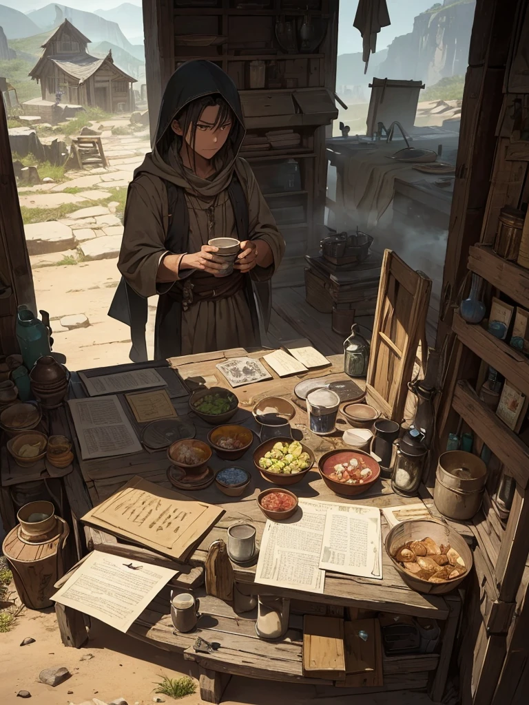(​masterpiece、top-quality、hight resolution), A mysterious merchant in the latter part of an RPG, set up on the ground in a remote area. The merchant has a small, makeshift stall with various rare and valuable items spread out on a cloth. The merchant is dressed in tattered, dirty clothing, their face obscured by a hood or shadows, making their identity unclear. The scene is viewed from above, with the protagonist looking down at the merchant and their wares. The background shows a secluded, rugged landscape with sparse vegetation and an eerie, misty atmosphere. The scene conveys a sense of mystery and intrigue, with the merchant's unknown origins and secrets being hinted at.