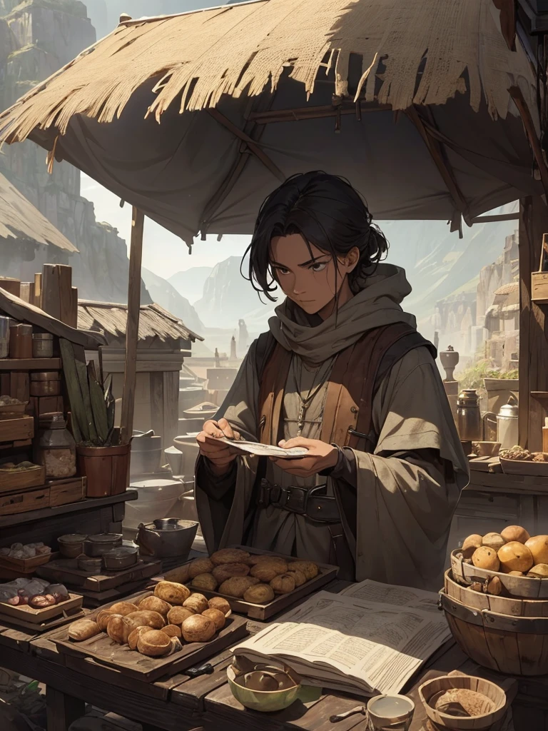 (masterpiece、top-quality、hight resolution), A mysterious merchant in the latter part of an RPG, set up on the ground in a remote area. The merchant has a small, makeshift stall with various rare and valuable items spread out on a cloth. The merchant is dressed in tattered, dirty clothing, their face obscured by a hood or shadows, making their identity unclear. The scene is viewed from above, with the protagonist looking down at the merchant and their wares. The background shows a secluded, rugged landscape with sparse vegetation and an eerie, misty atmosphere. The scene conveys a sense of mystery and intrigue, with the merchant's unknown origins and secrets being hinted at.