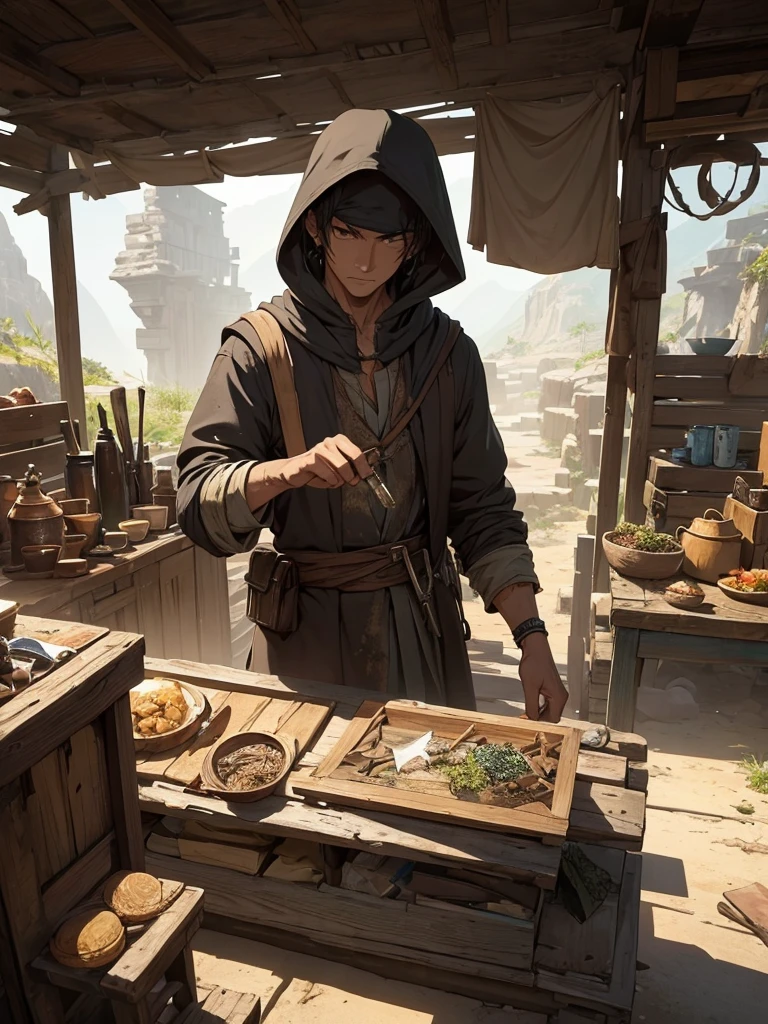 (masterpiece、top-quality、hight resolution), A mysterious merchant in the latter part of an RPG, set up on the ground in a remote area. The merchant has a small, makeshift stall with various rare and valuable items spread out on a cloth. The merchant is dressed in tattered, dirty clothing, their face obscured by a hood or shadows, making their identity unclear. The scene is viewed from above, with the protagonist looking down at the merchant and their wares. The background shows a secluded, rugged landscape with sparse vegetation and an eerie, misty atmosphere. The scene conveys a sense of mystery and intrigue, with the merchant's unknown origins and secrets being hinted at.
