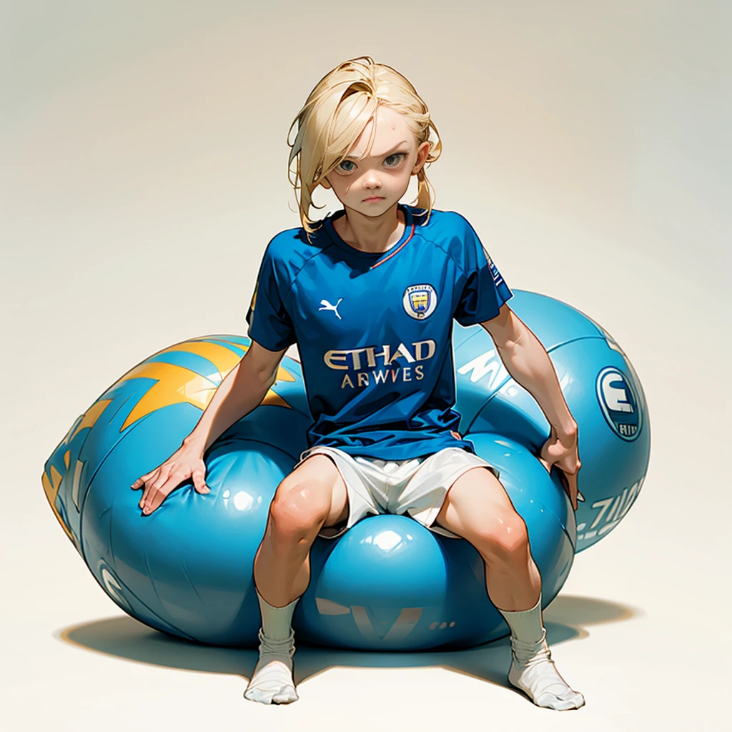 Random evolution, (1boy), (full body version), little boy, Masculine, (his face scowls), albino skin, sport, football player, 1ball, (Blonde colored hair, Long Straight hairstyle, narrow eyes, hazel eyes), Manchester City blue t-shirt, White shorts, white socks, Grassroots, There's a ball 