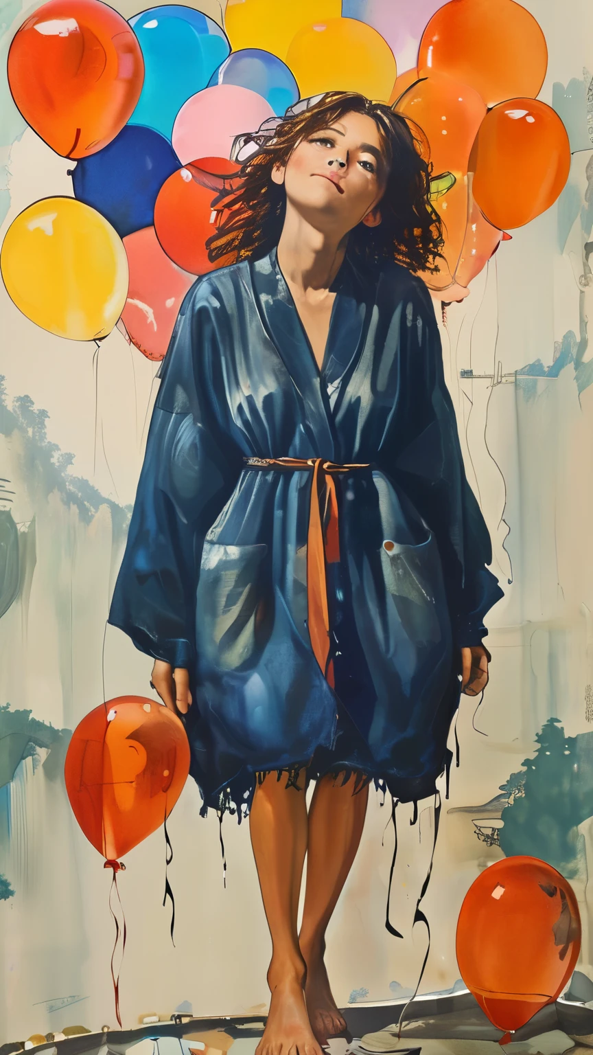 A girl trapped in an enclosed space with lots of colorful balloons scattered all over, wearing something like a robe, frizzy hair, medium brown hair, bare feet, body floating so softly it seems as if it's floating in the air, gentle smile