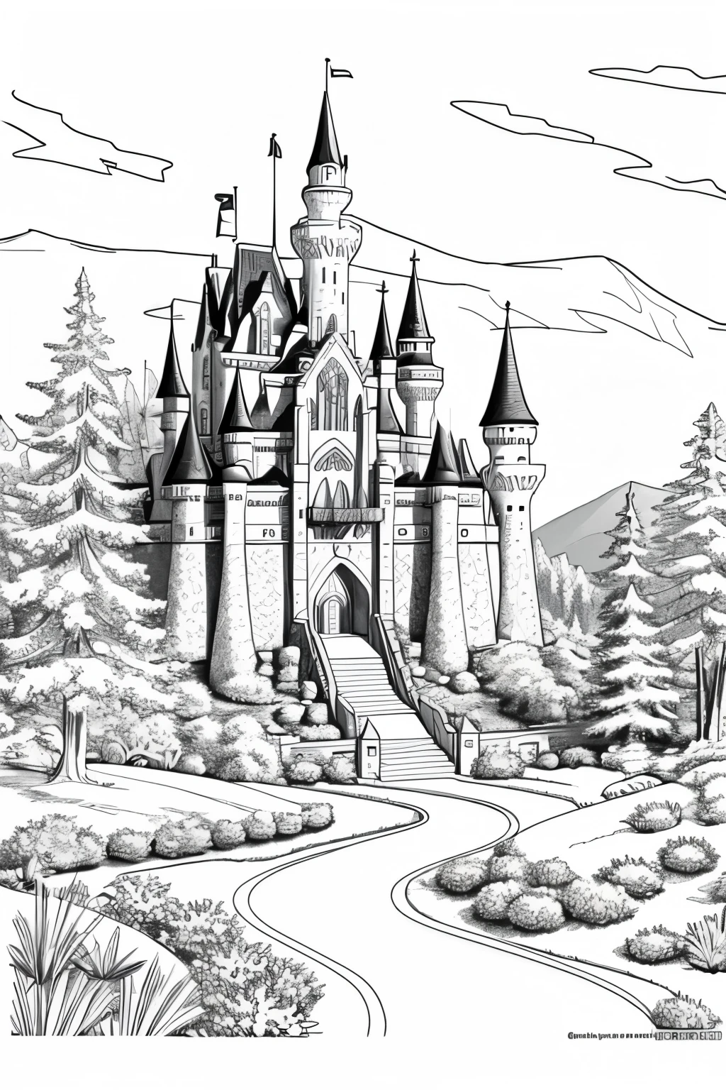 coloring book page  hyperrealistic mountain castle