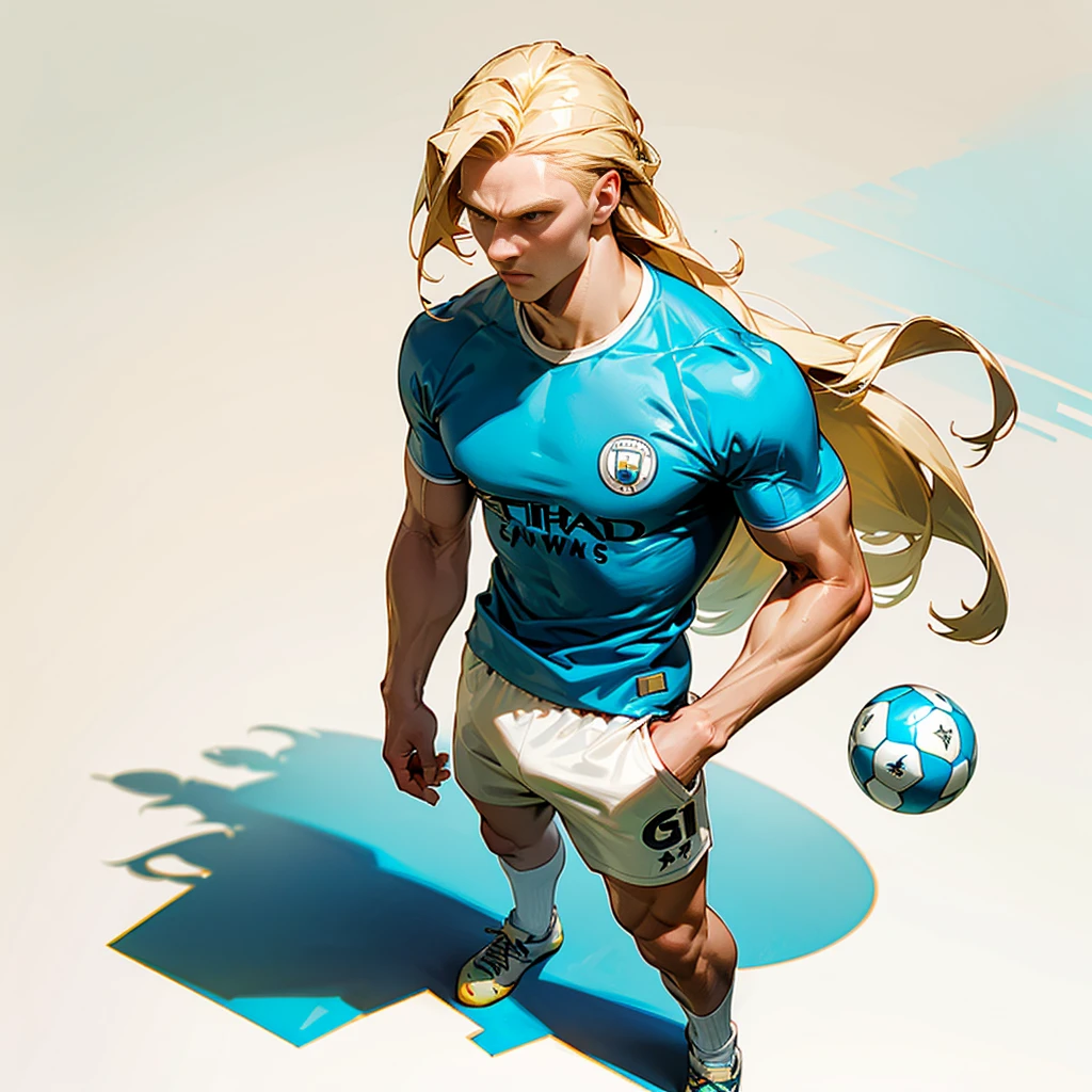 Random evolution, (1man), (full body version), tall man, muscle, Masculine, (his face scowls), albino skins, sport, football player, 1ball, (Blonde colored hair, Long Straight hairstyle, narrow eyes, hazel eyes), Manchester City blue t-shirt, White shorts, white socks, Grassroots, There's a ball 