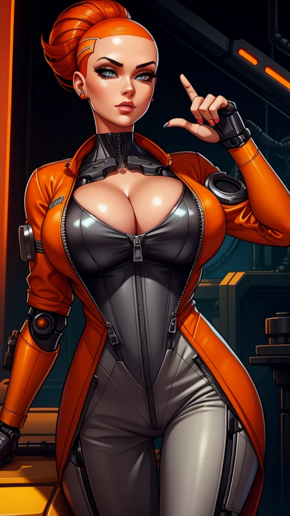 A gorgeous female mechanic with a half-shaved ginger head, cybernetic augments, wearing an unzipped orange jumpsuit revealing cleavage, mechanical hand, atompunk style, retro-futurism, gunmetal grey, blank background