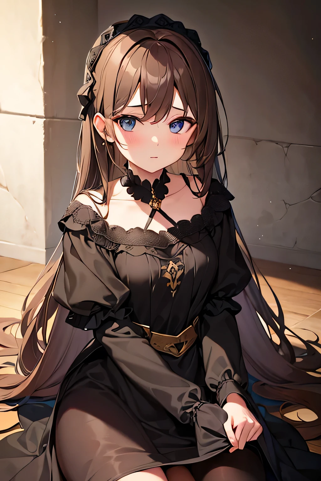 Beautiful dukeza with light brown hair, a beautiful black dress from medieval times, beautiful . neutral look.