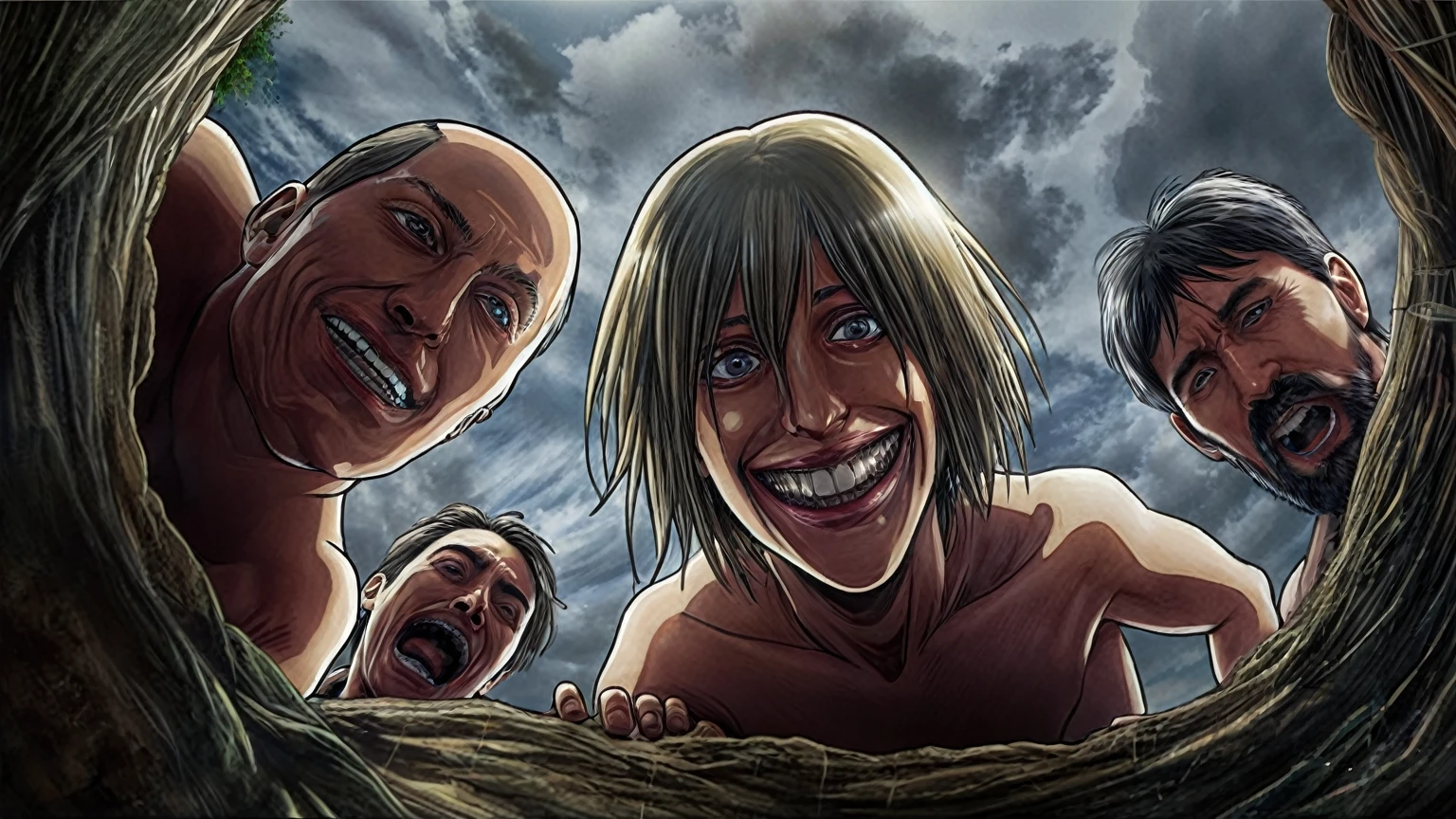 Three people in a hole with the sky in the background, Attack on Titan covert art, photorealistic style, from Attack on Titan, Attack on Titans, Attack on Titan, shingeki no kyojin, , Attack on Titan scenery,Photorealistic (Photorealistic) Lifelike (Vibrant) Realistic (Realistic) True to Life (True to life) vivid (Brilliant) Picture-Perfect (Perfect Image) Naturalistic (Naturalistic) Convincing (Persuasive) Authentic (genuine) High Fidelity (High fidelity) Believable (Believable) True-to-life Details (true to lifeDetails) Tangible (Hands-on) Detailed (Detailed) Resonating (Echoes) precise (precise) Exact (Accurate) Hyperrealistic (Ultra-realistic) In-the-Moment (At that time) Verisimilar (Getting closer to the truth) Mirror-like (Mirror-like) Close-to-reality (Close to reality)