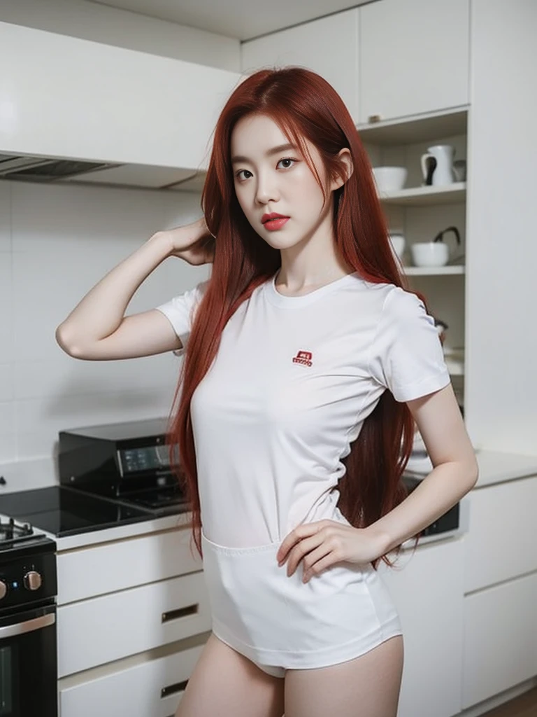 A red-haired girl wearing a white short-sleeved student shirt and white underwear was boiling water in the kitchen.,Hands behind your back.,realistically,realistic,