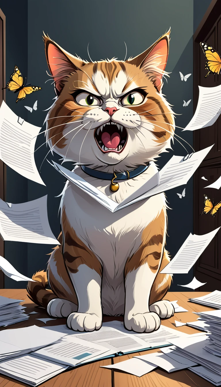 comics, A humorous and expressive cartoon of an angry cat portrait,Head full of briefing papers,Butterflies in the air