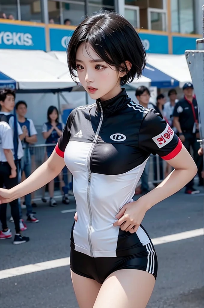 A Korean woman with short black hair, black eyes, racing clothing