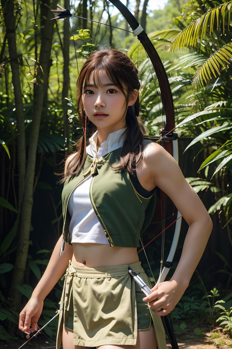 A beautiful young archer girl with smooth skin and large, expressive eyes, captured in a photorealistic style. She is standing in a sunlit forest, with her bow and r of arrows, ready for action. High detail, 8k resolution, ultra-detailed, masterpiece.((Archer:1.3))