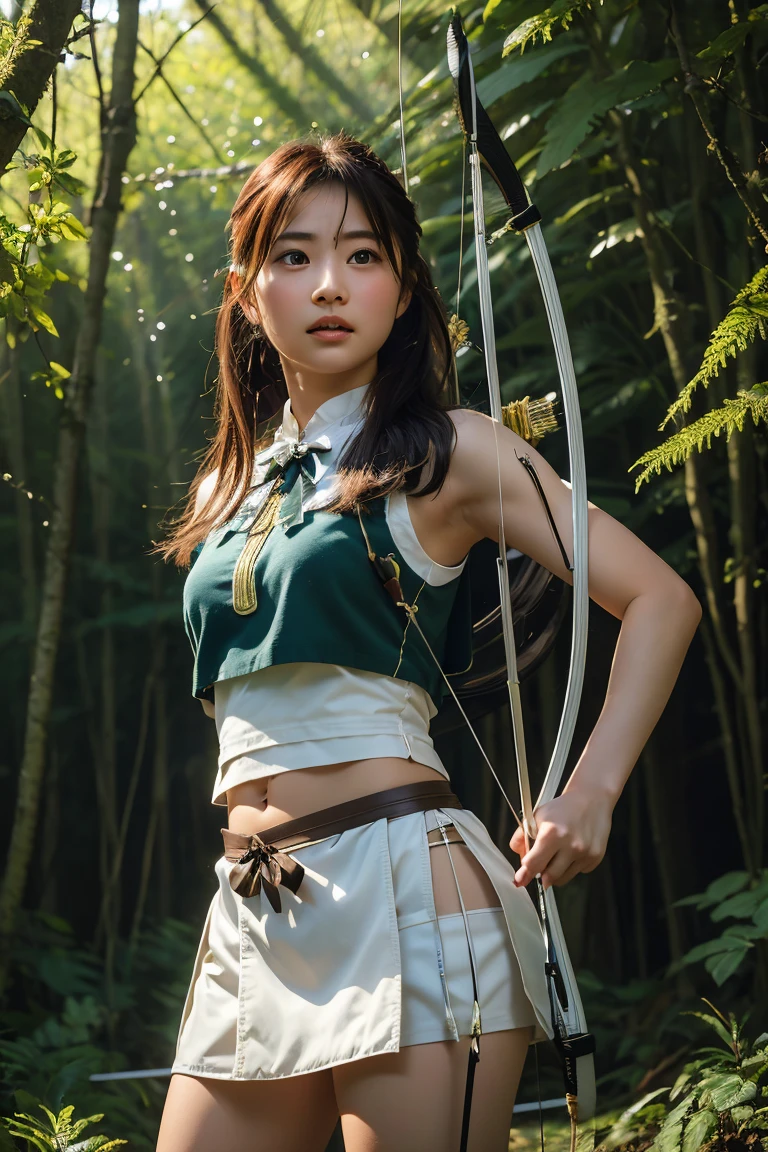 A beautiful young archer girl with smooth skin and large, expressive eyes, captured in a photorealistic style. She is standing in a sunlit forest, with her bow and quiver of arrows, ready for action. High detail, 8k resolution, ultra-detailed, masterpiece.((Archer:1.3))