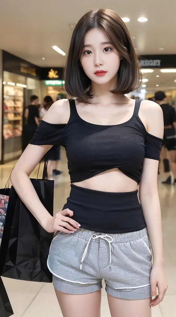((best quality, 8K, masterpiece: 1.3)), Revealing clothes, Key Points: 1.2, Perfect body beauty: 1.4, Hips: 1.2, (Layered Hairstyle: 1.2)), (Dark Street: 1.3), Highly detailed face and skin textures, whole body, Beautiful eyes, Double eyelids, Skin Whitening, Long hair, (Round Face: 1.5), (Loose cropped top, shorts: 1.6) Cleavage highlights pleated skirt leaking long legs, ((shopping center)) Huge big breasts