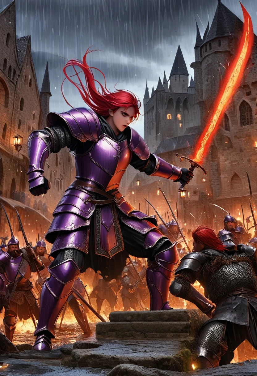 Red hair, Purple Armor, light bearer warriors, Medieval city, dark, fighting, epic, war, Surrealism, 8K, Super Detail, war, fighting against demons, darkness, fear, rain