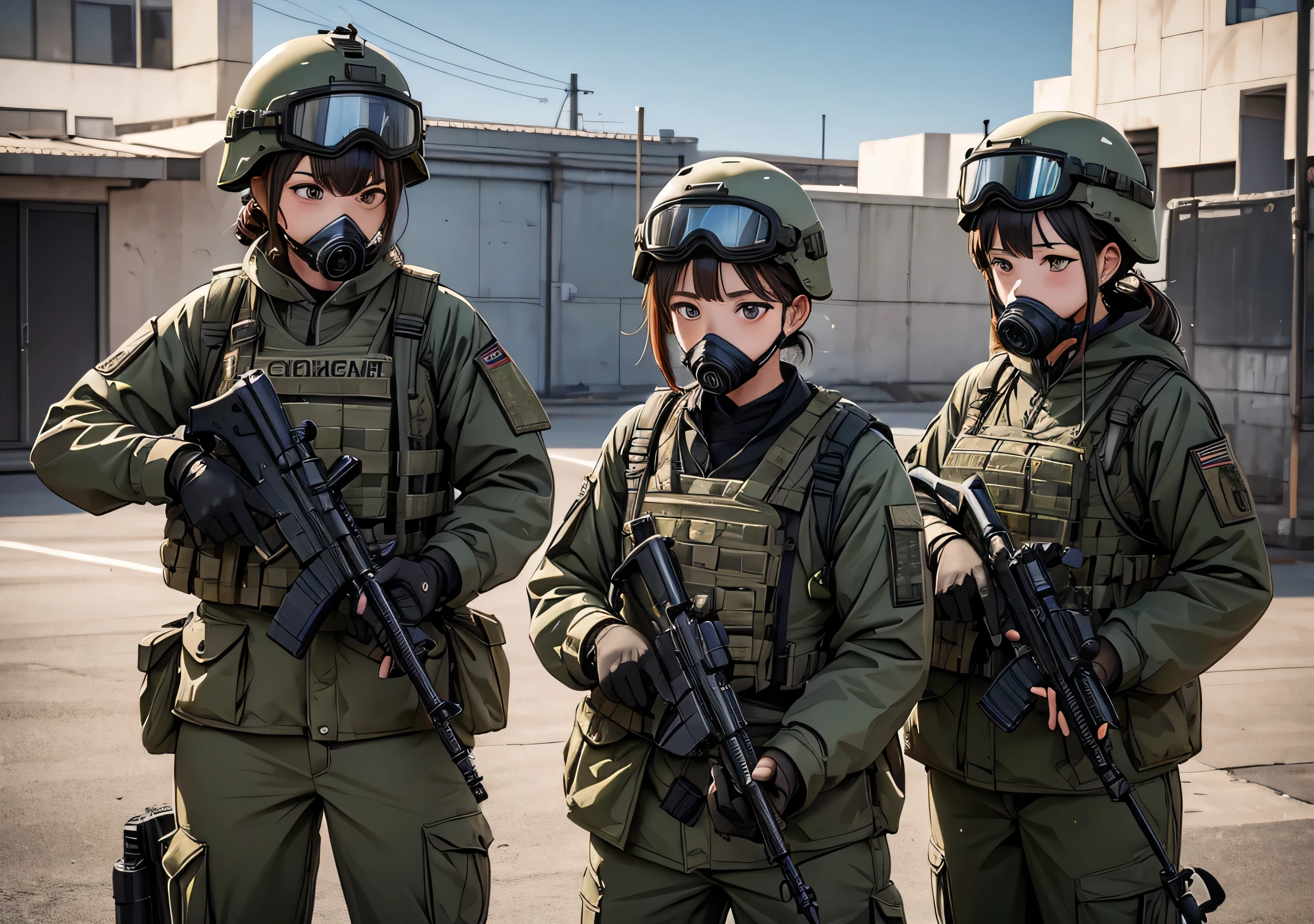 Five female special forces soldiers wearing gas masks、Put on a helmet、Wear goggles、M51 Military Uniform、Stand guard with a gun、Write details、masterpiece、best quality、Highly detailed CG、8K picture quality