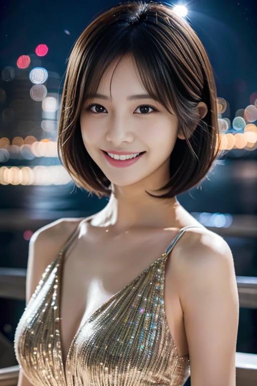 Sparkling night view、Sexy Dress、Provocative smile、Short-haired、Beautiful Japanese actresses、sakimichan、Cinematic light, Realistically, masterpiece, Highest quality, Complex CGI,Highly detailed face,High Detail Eyes,See-through、