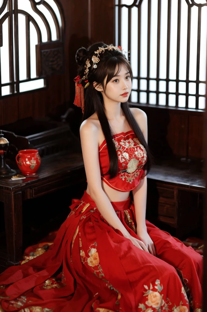 1 girl, skirt, Hair accessories, red skirt, Solitary, Chinese clothes, Long hair, sit, Bare shoulders, window, Brown hair, OK, indoors, Black Hair,
Looking at the audience
 