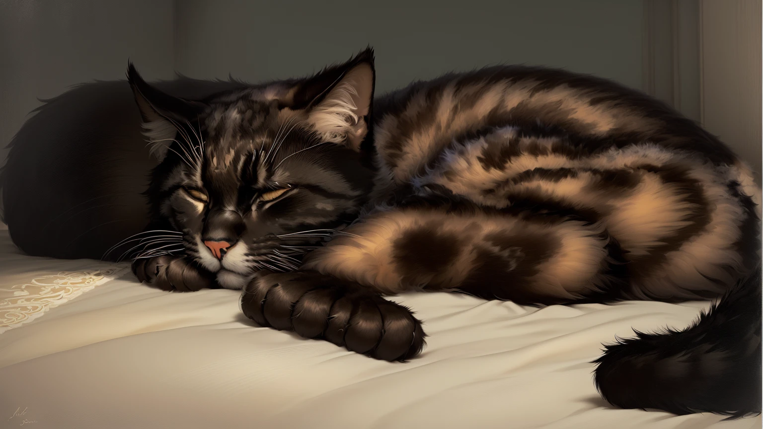 Black cat curled up asleep.
Highly detailed art, Highly detailed digital art,.
The texture of the fur looks soft.
On the master's bed, the texture of the sinking sheets looks soft.
Sunlight shining in at dusk.