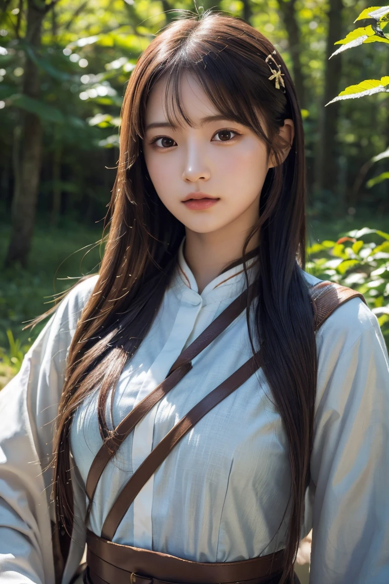 A highly detailed, photorealistic portrait of a beautiful young archer girl with long flowing hair, holding a traditional Japanese bow. She is standing in a serene forest with sunlight filtering through the trees. High resolution, 8K, ultra-detailed, masterpiece, best quality.((Archer:1.3))