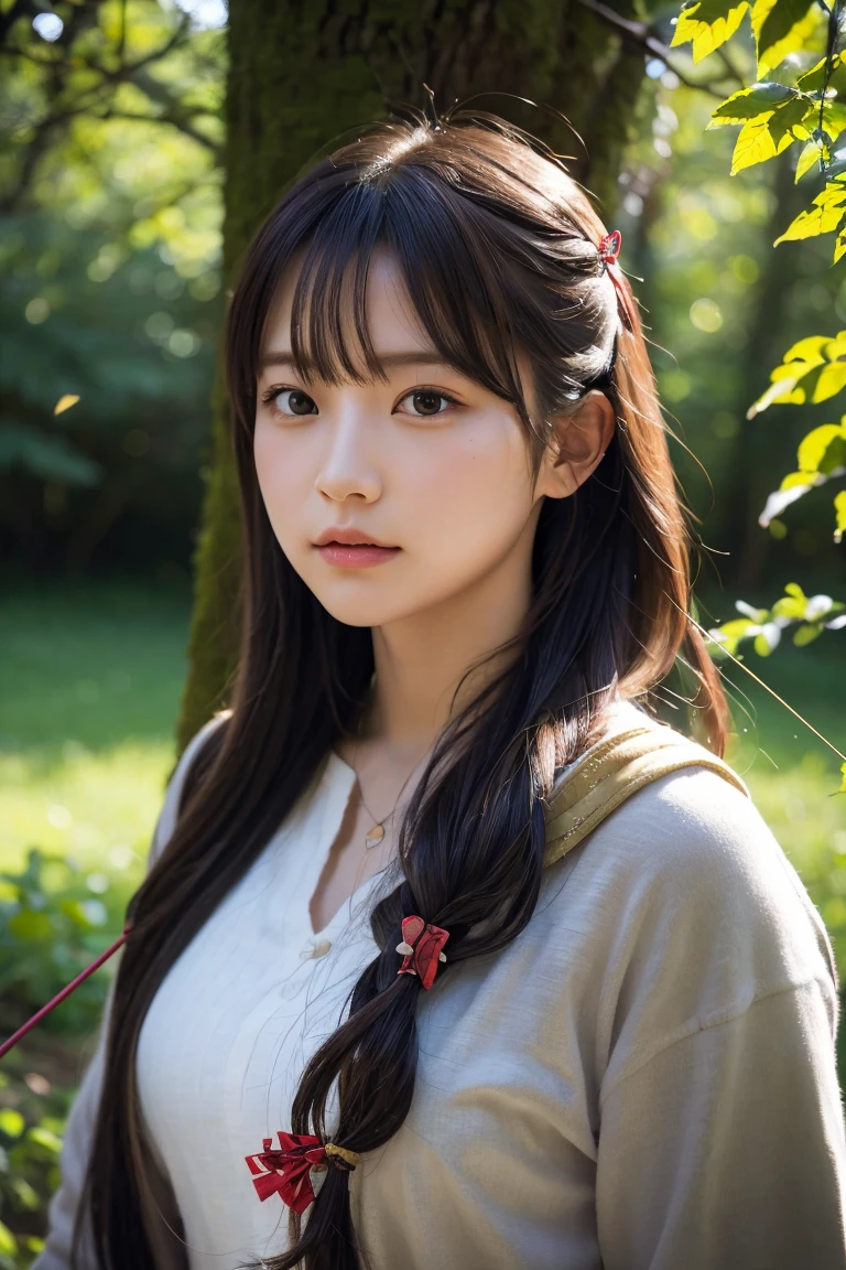 A highly detailed, photorealistic portrait of a beautiful young archer girl with long flowing hair, holding a traditional Japanese bow. She is standing in a serene forest with sunlight filtering through the trees. High resolution, 8K, ultra-detailed, masterpiece, best quality.((Archer:1.3))
