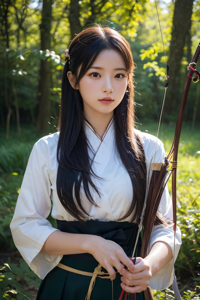 A highly detailed, photorealistic portrait of a beautiful young archer girl with long flowing hair, holding a traditional Japanese bow. She is standing in a serene forest with sunlight filtering through the trees. High resolution, 8K, ultra-detailed, masterpiece, best quality.((Archer:1.3))