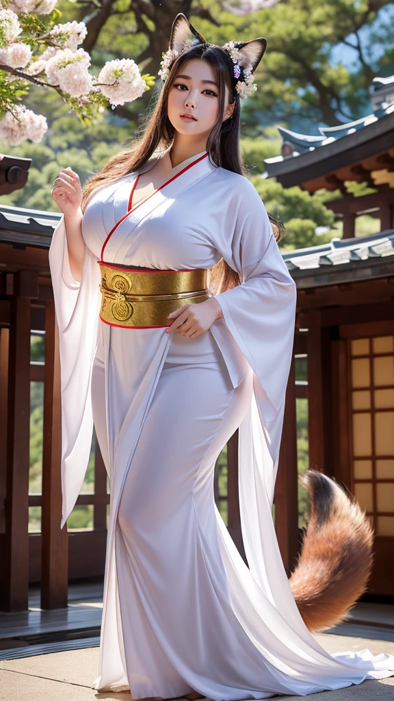 "A beautiful, majestic female character named nine tail flower (Kyubi no Hana) with a super curvy, very voluptuous, and chubby body. She has long silver hair, large golden eyes with slit pupils, and a face radiating elegance. She is dressed in a luxurious kimono with golden embroidery and a fox crest on the obi. Behind her, nine glowing tails spread out gracefully."
"Kyubi no Hana stands in front of an ancient Shinto shrine deep in the mountains, surrounded by blooming cherry trees. Her super curvy, voluptuous, and chubby figure exudes overwhelming power and grace. Soft light particles float around her, symbolizing her immense power. At night, her tails emit a mystical glow, enveloping the shrine."
"Kyubi no Hana, with her super curvy, very voluptuous, and chubby body, stands with authority and kindness in front of a majestic shrine. Her nine glowing tails create an ethereal atmosphere as she raises her hand to form a spiritual barrier, protecting the shrine from evil."