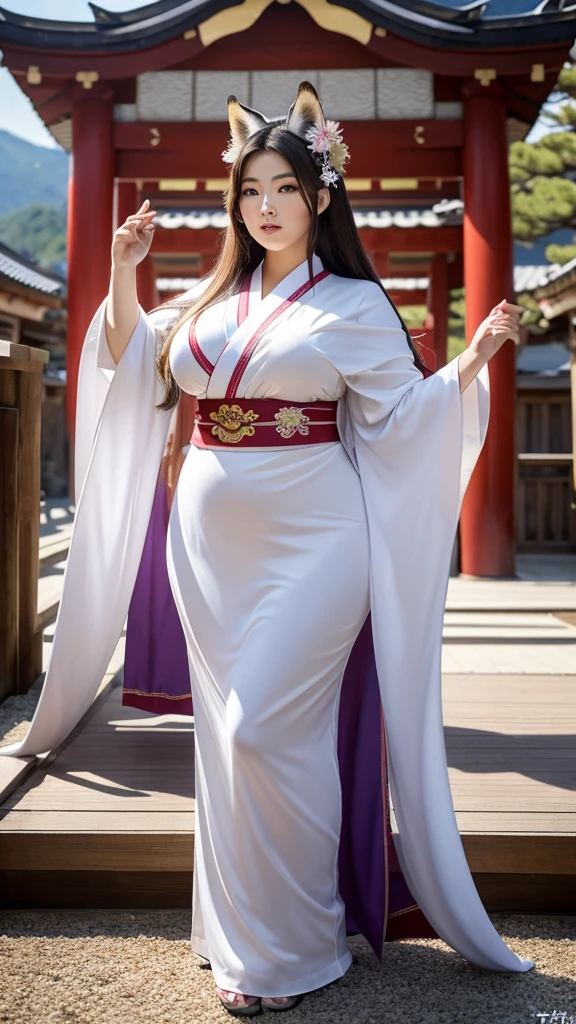 "A beautiful, majestic female character named nine tail flower (Kyubi no Hana) with a super curvy, very voluptuous, and chubby body. She has long silver hair, large golden eyes with slit pupils, and a face radiating elegance. She is dressed in a luxurious kimono with golden embroidery and a fox crest on the obi. Behind her, nine glowing tails spread out gracefully."

"Kyubi no Hana stands in front of an ancient Shinto shrine deep in the mountains, surrounded by blooming cherry trees. Her super curvy, voluptuous, and chubby figure exudes overwhelming power and grace. Soft light particles float around her, symbolizing her immense power. At night, her tails emit a mystical glow, enveloping the shrine."

"Kyubi no Hana, with her super curvy, very voluptuous, and chubby body, stands with authority and kindness in front of a majestic shrine. Her nine glowing tails create an ethereal atmosphere as she raises her hand to form a spiritual barrier, protecting the shrine from evil."