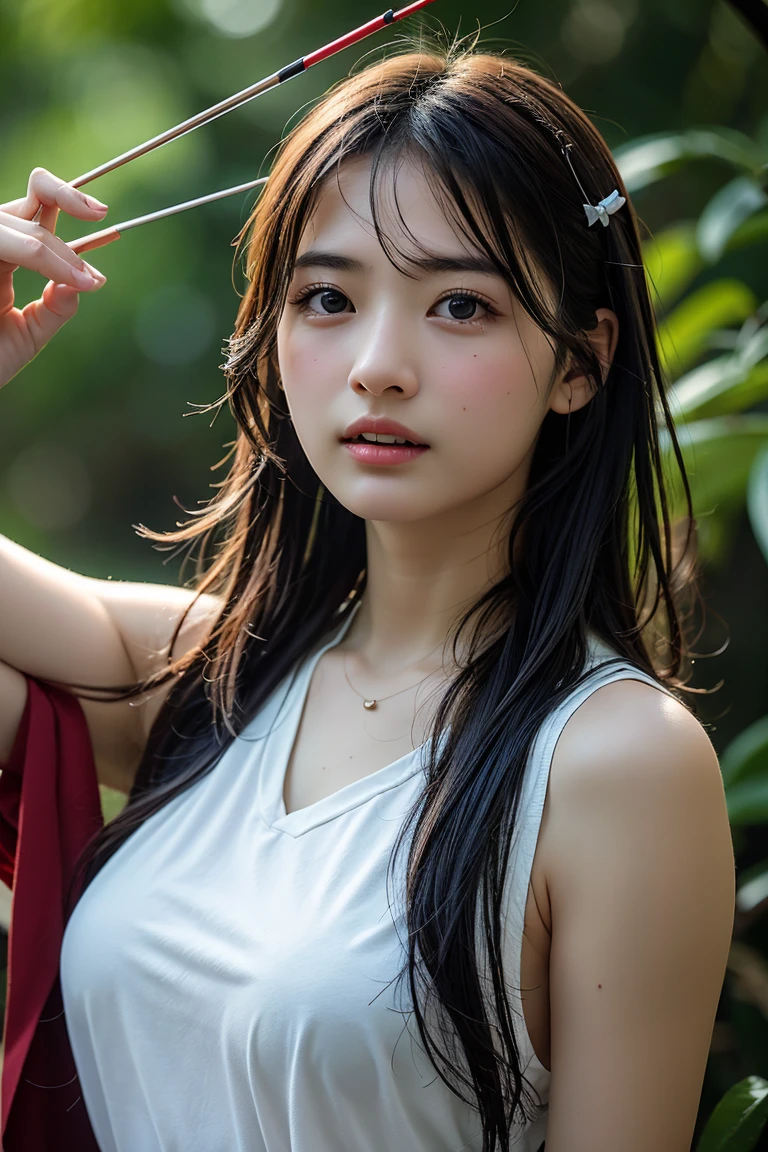 A close-up portrait of a young female archer with a determined expression, wearing traditional archery attire. She is in the middle of drawing her bow, with a background of a lush green forest. High detail, photorealistic, 8k resolution, ultra-detailed.((Archer:1.3))