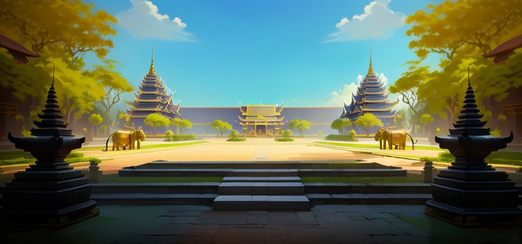 there is a painting of a courtyard with 2 gold elephants statue thailand and thailand temple, arena background, mobile game background, background art, background artwork, palace background, game background, temple background, volley court background, zen temple background, anime background art, royal garden background, amazing wallpaper, anime background, 2 d game art background, park background, anime scenery concept art, videogame background, Cassia fistula, far architect thailand, thailand temple, temple behind, thailand mood, thailand backgound
