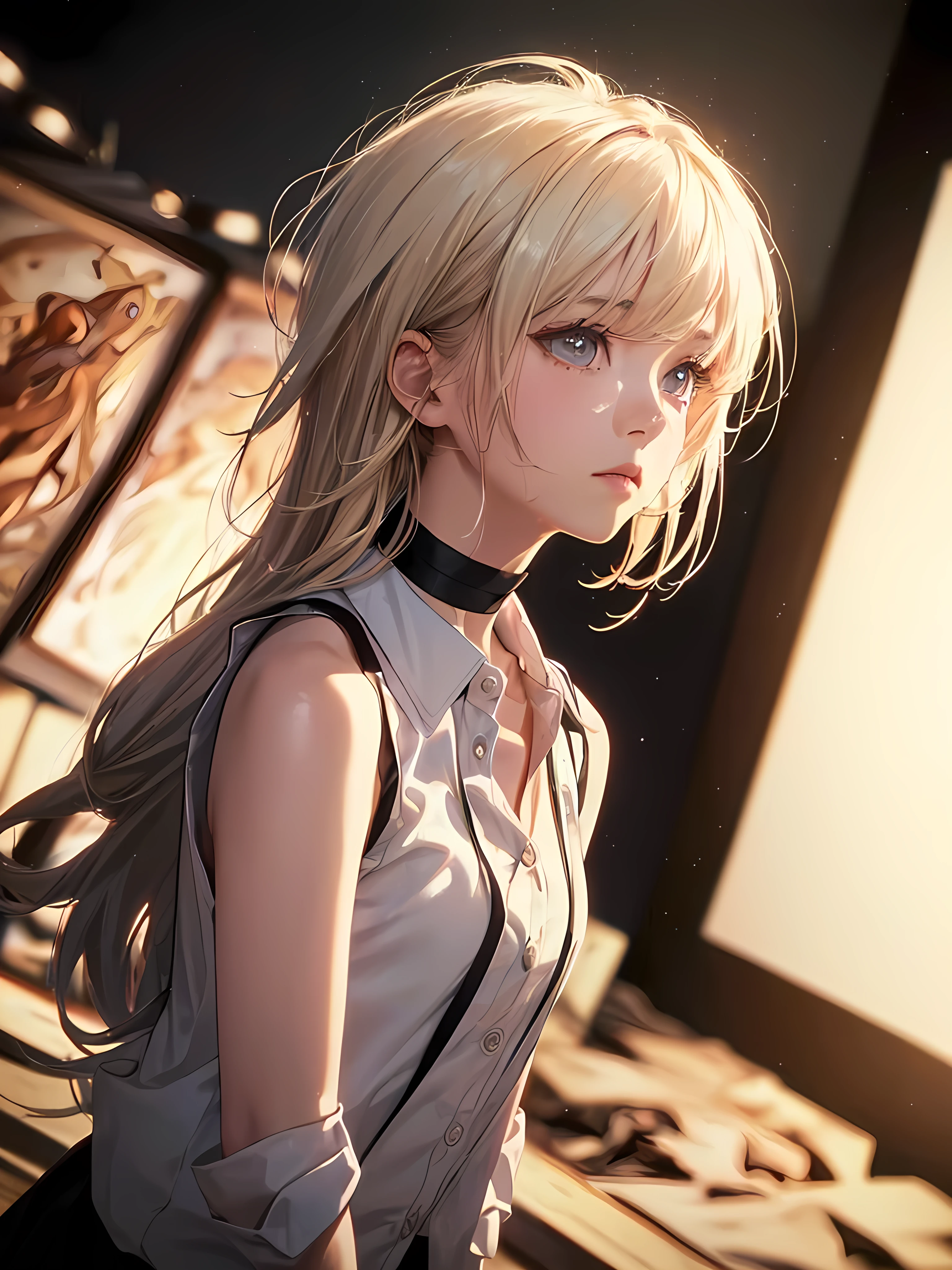 Highest quality, Ultra-high resolution, One girl, Sleeveless white button-up shirt, Black Skirt, Black Choker, cute,(Platinum Blonde Hair:1), ((Puffy eyes)), View your viewers(Depth of Field HDR 8K 4K Wallpaper Cinematic Angle, Cinema Lighting,:1.5) (masterpiece, Highest quality:2.0)