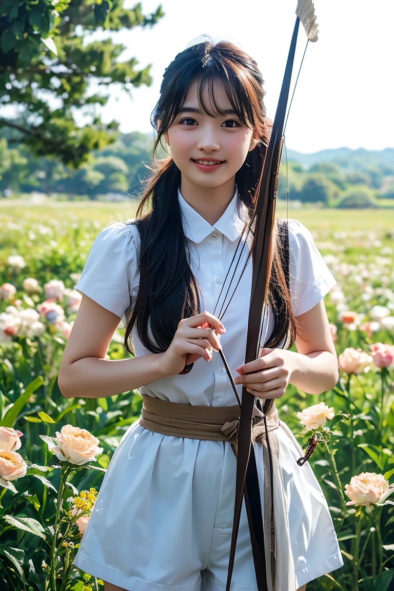 A photorealistic image of a young archer girl with a gentle smile, holding a bow and arrow. She is standing in a field of blooming flowers, with soft lighting and a calm atmosphere. High resolution, ultra-detailed, 8K, best quality.((Archer:1.3))