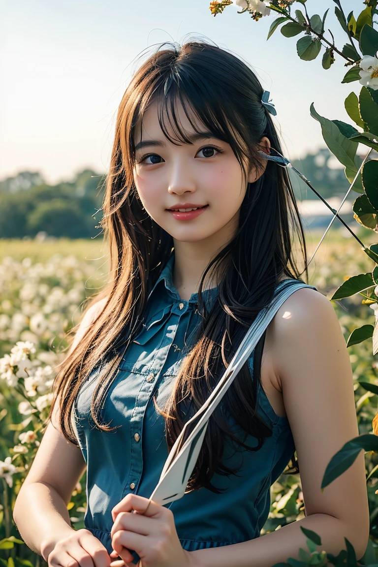 A photorealistic image of a young archer girl with a gentle smile, holding a bow and arrow. She is standing in a field of blooming flowers, with soft lighting and a calm atmosphere. High resolution, ultra-detailed, 8K, best quality.((Archer:1.3))