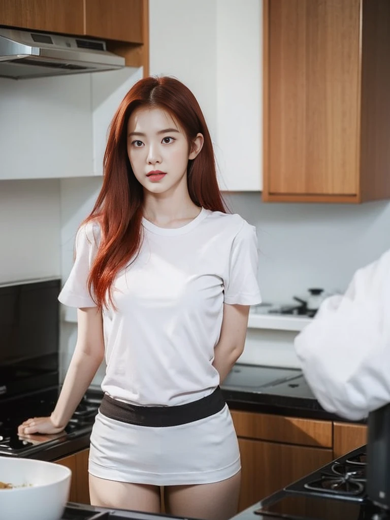 A red-haired girl wearing a white short-sleeved student shirt and white underwear was boiling water in the kitchen.,Hands behind your back.,realistically,realistic,