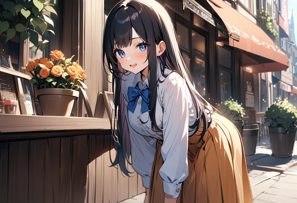 BREAK 1girl, long hair, black hair, straight hair, short bangs above brows, blue eyes, warm smile, open mouth, (leaning forward:1.2),
BREAK (masterpiece), (high resolution 8K), cinematic lighting, professional lighting, very cute, detailed eyes and face, detailed body,
BREAK , white shirt, blue bowtie, pleated skirt, lift skirt,
BREAK walking in the town, outdoor, in street, Cafeteria, Florist, Shoemaker, Florist,
