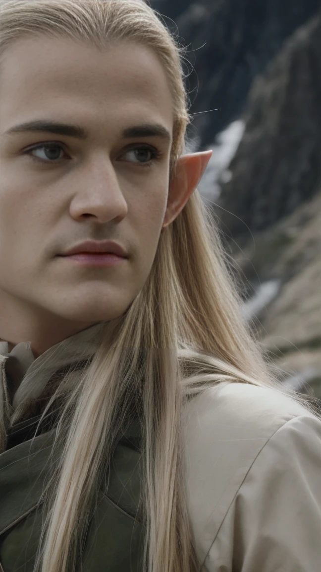 Legolas elf blond long hair, cinematic, against the backdrop of Mount Erebor Fantasy