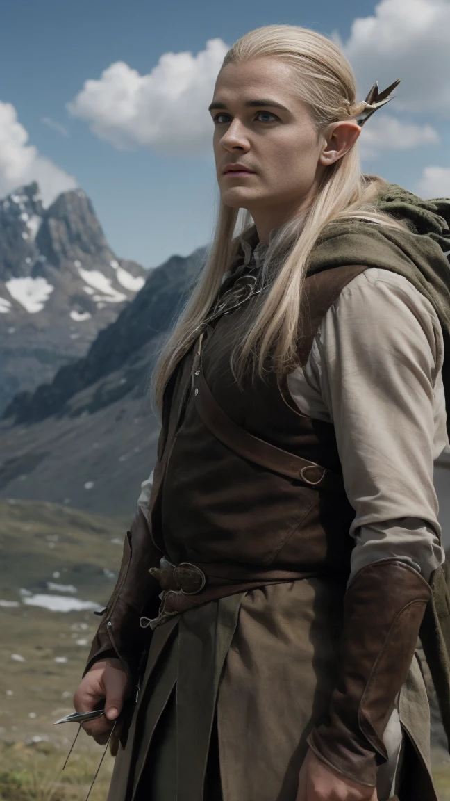 Legolas elf blond long hair, cinematic, against the backdrop of Mount Erebor Fantasy
