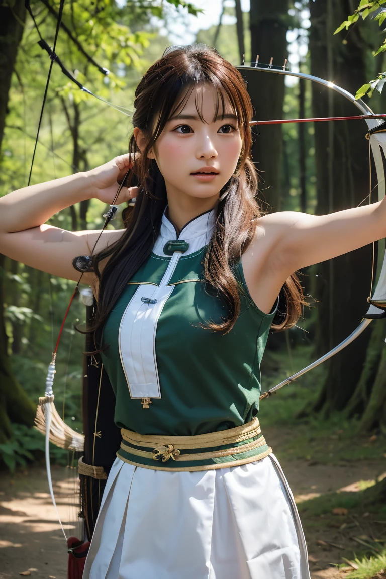 A highly detailed, photorealistic portrait of a young female archer with long, flowing hair, wearing traditional archery attire. She is in an archery stance, with a background of a serene forest. High resolution, 8K, ultra-detailed, best quality.((Archer:1.3))