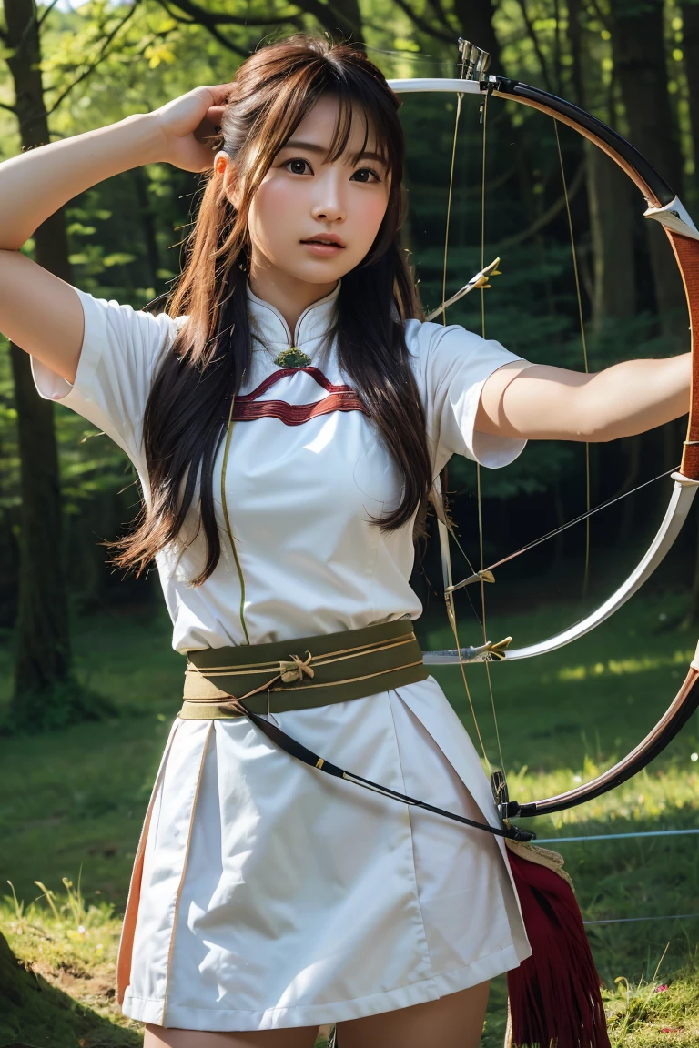 A highly detailed, photorealistic portrait of a young female archer with long, flowing hair, wearing traditional archery attire. She is in an archery stance, with a background of a serene forest. High resolution, 8K, ultra-detailed, best quality.((Archer:1.3))