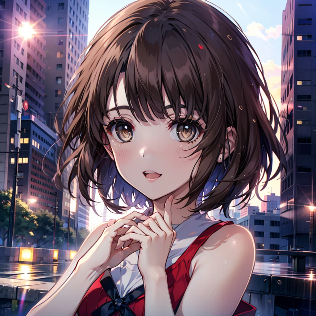 1 Coating, Megumi Katou, Brown Hair, short hair, (Brown eyes:1.5),happy smile, smile,Baseball cap, Red Tank Top Shirt,White long skirt,sneakers,Open your mouth,whole bodyがイラストに入るように,walking,evening,evening,The sun goes down,
break outdoors, city,
break looking at viewer, whole body,
break (masterpiece:1.2), Highest quality, High resolution, unity 8k wallpaper, (shape:0.8), (Beautiful details:1.6), Highly detailed face, Perfect lighting, Highly detailed CG, (Perfect hands, Perfect Anatomy),),