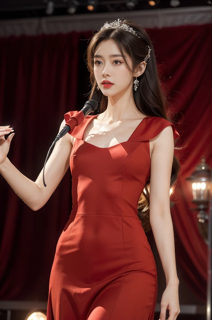 (((best quality))),(((ultra detailed))),(((masterpiece))),illustration, 1girl, singer,solo,slim,thin,flat chest,small breasts,Maxi gorgeous red gown, stage, performance, passion, confidence, elegance, lighting effects, decorations, audience, melodious voice, beautiful appearance, captivating performance,standing,upper body,from front