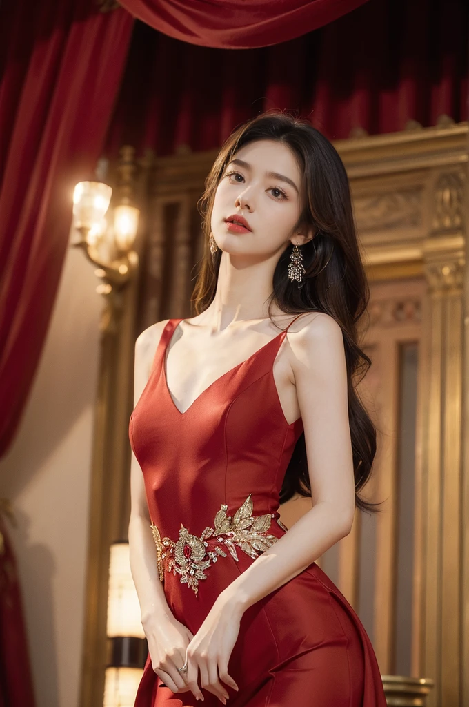 (((best quality))),(((ultra detailed))),(((masterpiece))),illustration, 1girl, singer,solo,slim,thin,flat chest,small breasts,Maxi gorgeous red gown, stage, performance, passion, confidence, elegance, lighting effects, decorations, audience, melodious voice, beautiful appearance, captivating performance,standing,upper body,from front