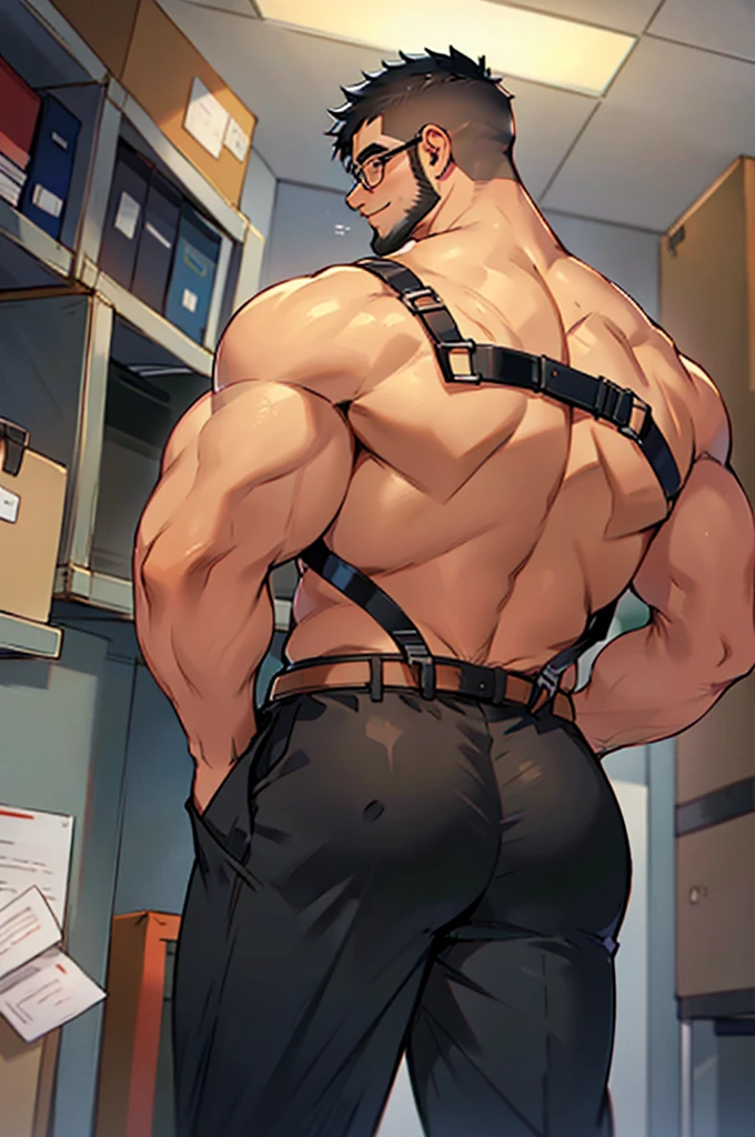 4k, masterpiece, high resolution:1.2, 1 man, solo, bara, muscular, big physique, crew cut hair, facial hair, chest, wide shoulder, biceps, thighs, triceps, butt, black hair, cute smile, friendly, standing in an office, wearing formal trousers, wearing formal stripes pattern office shirt, wearing glasses, upstairs office in the background, ultra detailed, shredded muscle, flat style (((wearing harness))) (((view from the bottom behind him, thick huge ass)))