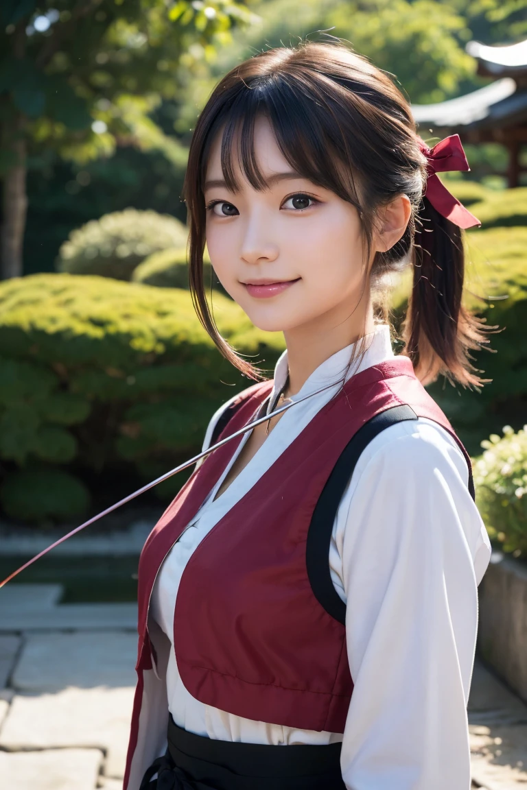 A close-up, photorealistic portrait of a young archer girl with smooth skin, large eyes, and a gentle smile. She is standing in front of a blurred background of a traditional Japanese garden, holding her bow and arrow. High detail, 8k resolution, ultra-detailed, masterpiece.((Archer:1.3))
