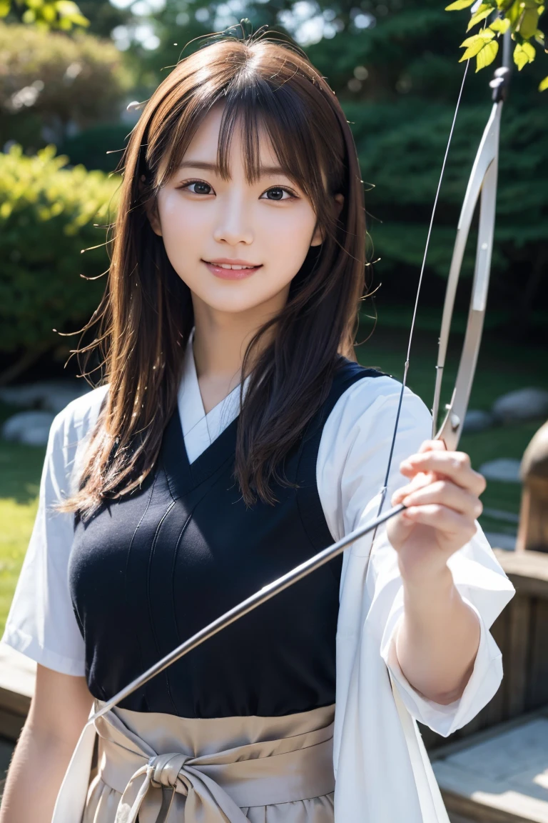 A close-up, photorealistic portrait of a young archer girl with smooth skin, large eyes, and a gentle smile. She is standing in front of a blurred background of a traditional Japanese garden, holding her bow and arrow. High detail, 8k resolution, ultra-detailed, masterpiece.((Archer:1.3))