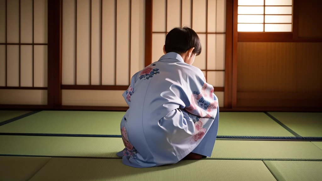 Best quality images。The back of a small man in a kimono crouching in a Japanese-style room。