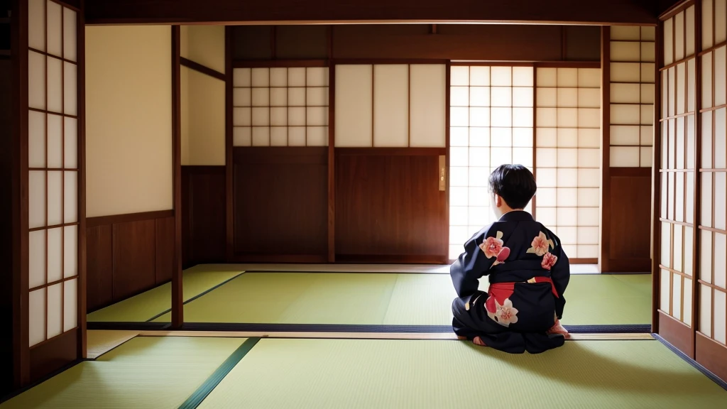 Best quality images。The back of a small man in a kimono crouching in a Japanese-style room。