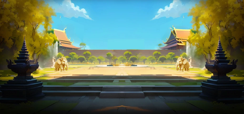 there is a painting of a courtyard with 2 gold elephants statue thailand and thailand temple, arena background, mobile game background, background art, background artwork, palace background, game background, temple background, volley court background, zen temple background, anime background art, royal garden background, amazing wallpaper, anime background, 2 d game art background, park background, anime scenery concept art, videogame background, Cassia fistula, far architect thailand, thailand temple, temple behind, thailand mood, thailand backgound
