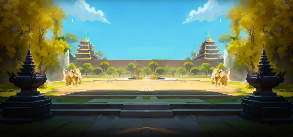 there is a painting of a courtyard with 2 gold elephants statue thailand and thailand temple, arena background, mobile game background, background art, background artwork, palace background, game background, temple background, volley court background, zen temple background, anime background art, royal garden background, amazing wallpaper, anime background, 2 d game art background, park background, anime scenery concept art, videogame background, Cassia fistula, far architect thailand, thailand temple, temple behind, thailand mood, thailand backgound
