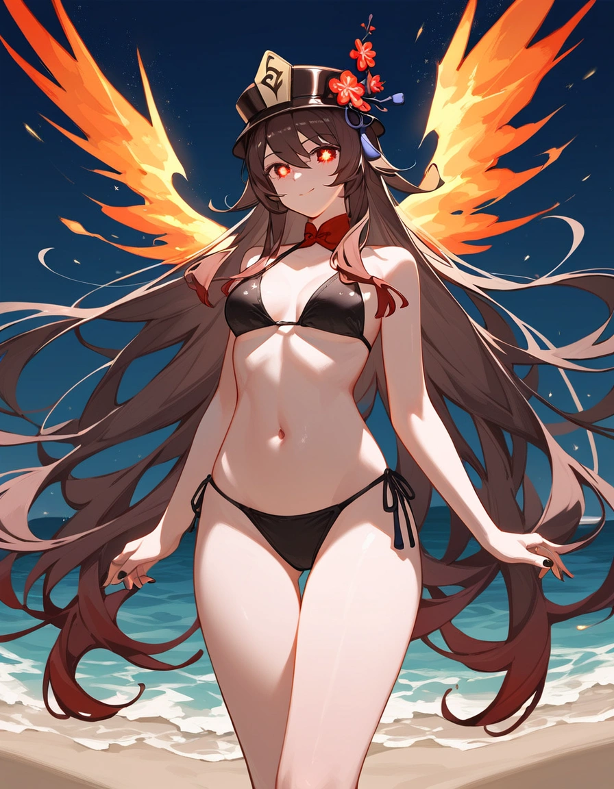 (1 girl), Kotoriitsuka, Kotori Itsuka, Long hair, (((Red eyes:1.5))), twintails, red hair, Ahoge, (flat chest:1.2), ((Twin tails)))(, hair ribbon , black ribbon, looking at the viewer, beach scene with starry sky and full moon in the sky, medium breasts, muscular thighs, muscular belly, wide hips, slim waist, standing, barefoot, full body photo, (master piece :1.2), best quality, very high resolution, Unity 8k wallpaper, (插圖:0.8), (beautiful detailed eyes:1.6), Extremely detailed face, perfect lighting, extremely detailed CG, (perfect hands, perfect anatomy),