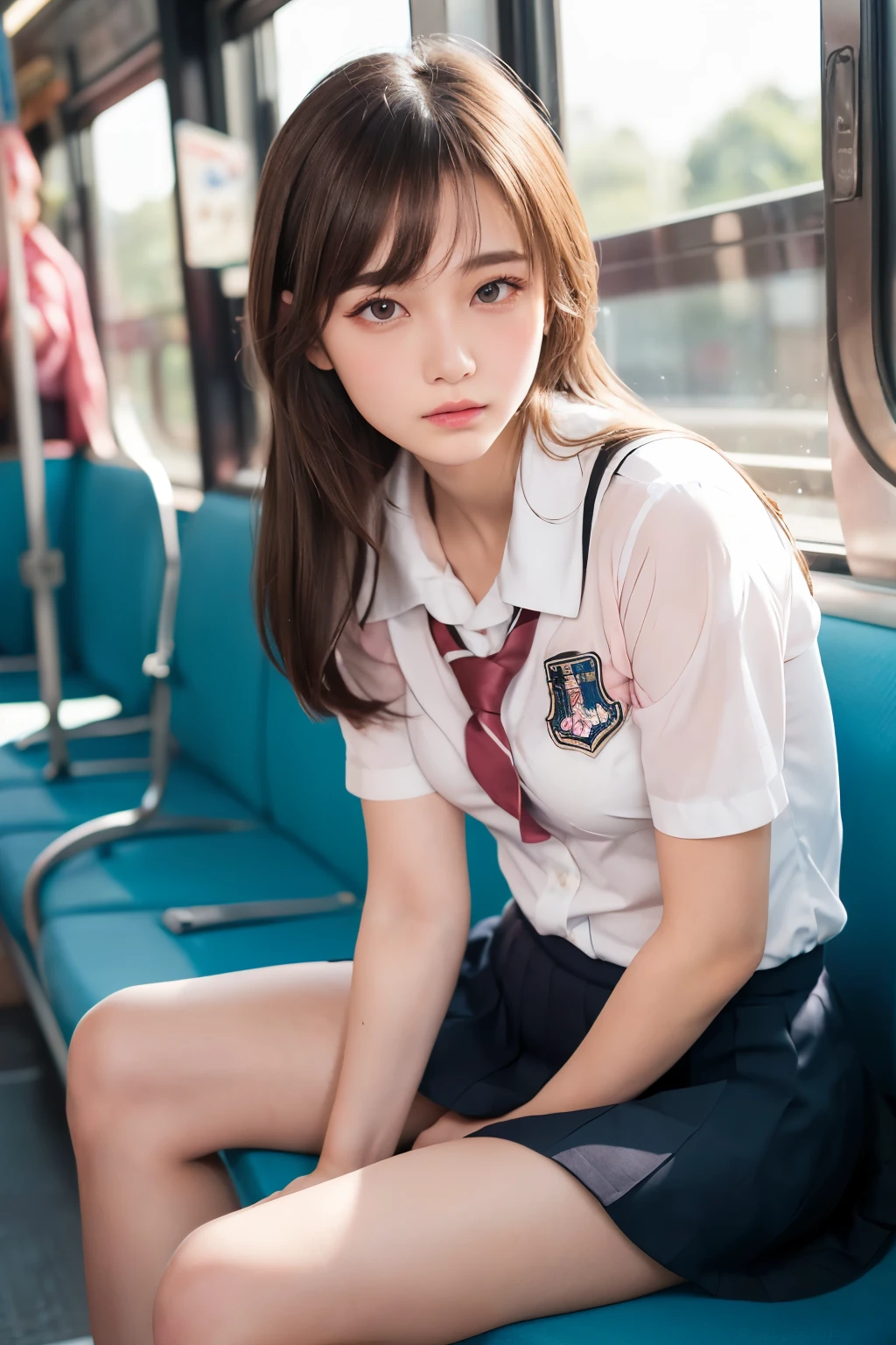 (Showing off panties:1.2), (Professional portrait, Realistic and perfectly shaped subjects:1.3), (masterpiece, highest quality:1.2), (Realistic, Ultra-realistic, Realistic:1.3), (ultra High resolution), High resolution, Intricate details, Super detailed, (Highly detailed CG, unity 8k wallpaper:1.3), Clear image,
break
(1 Japanese girl, 16 years old), (cute, Slender figure), (Perfect Anatomy, Correct limbs:1.2), (Perfect hands), Perfect Arms, Beautiful and delicate face down to the last detail, Beautiful and delicate eye and eye highlights, (Very thin and delicate、not too long lashes), (Captivating eyes, Beautifully detailed eyes and face), light makeup, Pink Lip, Lip gloss, Stylish face, (Shiny skin, Realistic skin detail), Brown Hair, Plump breast,
break
((school uniform)), (High school girl), (Black socks), shirt open
break
Sitting in the train station, (Cowboy Shot), break 
(((blush:1.4))), ((Embarrassing:1.4)), (((shy:1.5)))
break
from below
break